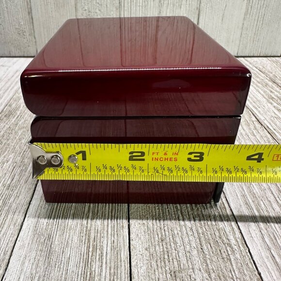 Vtg Burgandy Solid Wood Single Drawer Hinge Jewelry Box With Mirror 4" x 3.5" - Picture 10 of 10